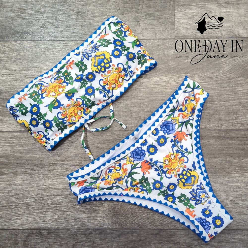 Zaful Floral Paisley Bandeau Bikini Swimsuit Blue White NWT Size S